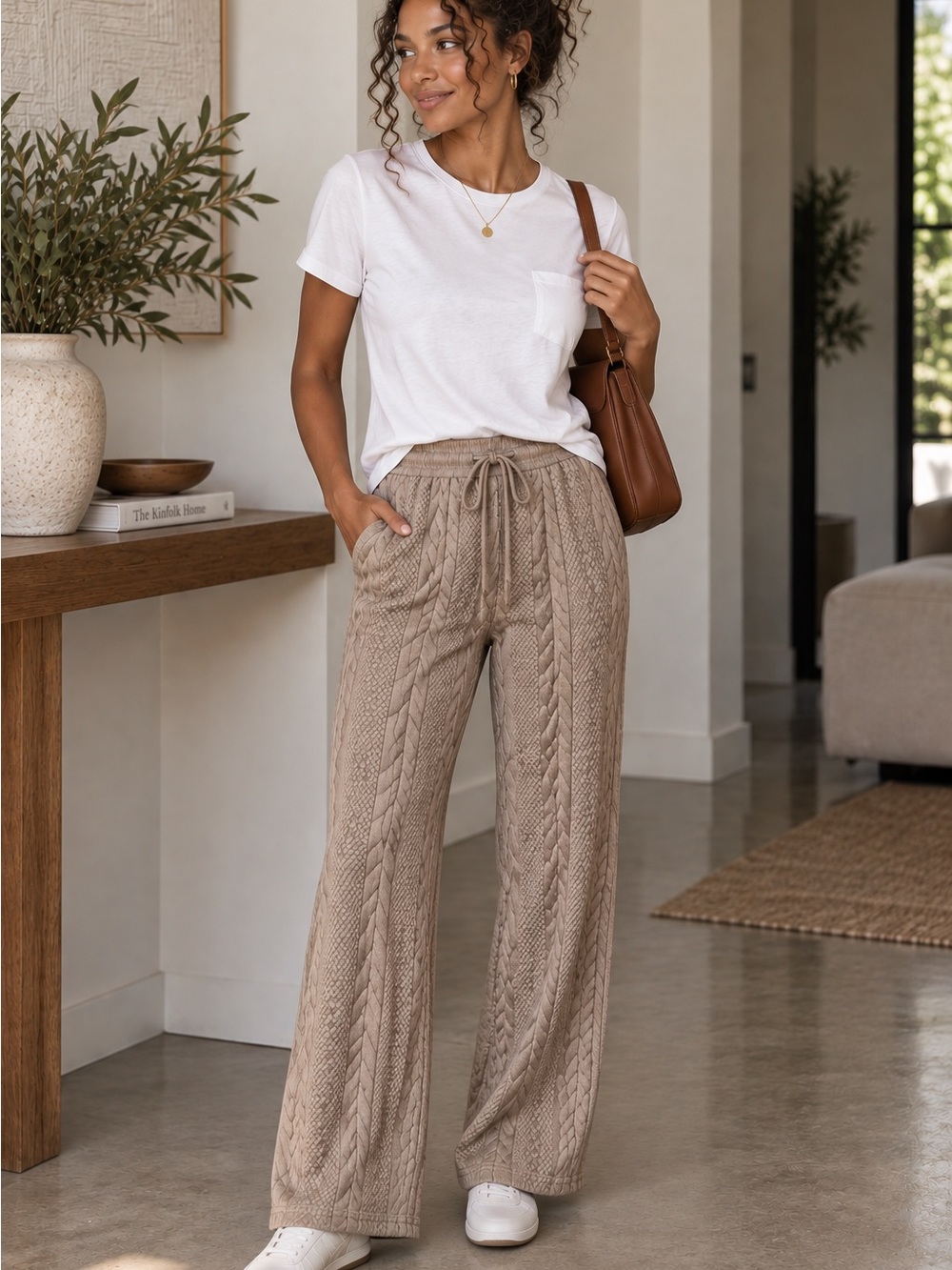 Large Very J Cable Knit Wide Leg Pants in Taupe